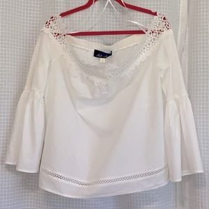 Blue Rain White Off The Shoulder Blouse with Crochet Trim